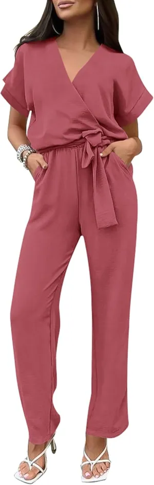 PRETTYGARDEN Women's Summer One Piece Jumpsuits Belted Short Sleeve Wrap V Neck Fashion Dressy Casual Wide Leg Pants Romper