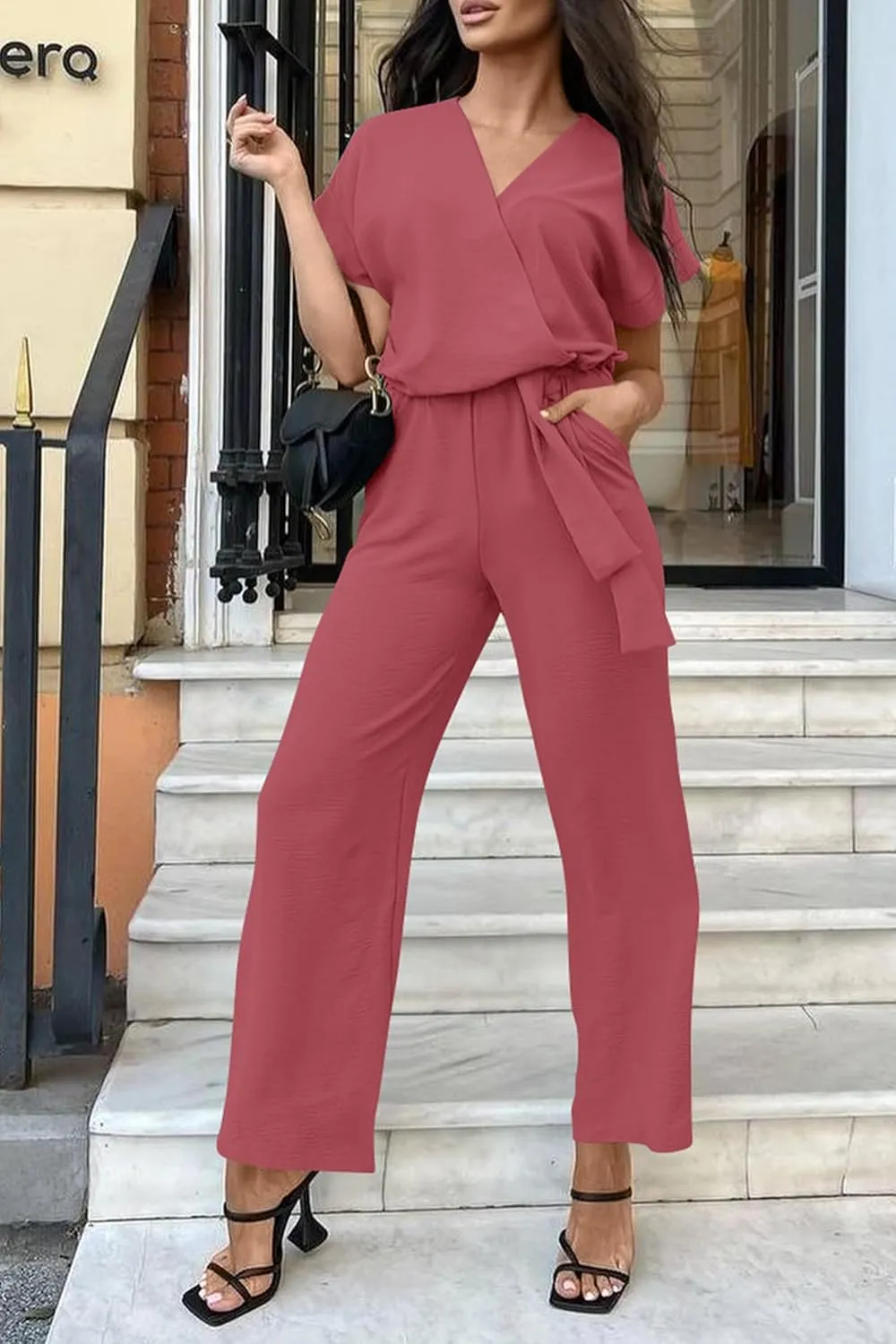 PRETTYGARDEN Women's Summer One Piece Jumpsuits Belted Short Sleeve Wrap V Neck Fashion Dressy Casual Wide Leg Pants Romper