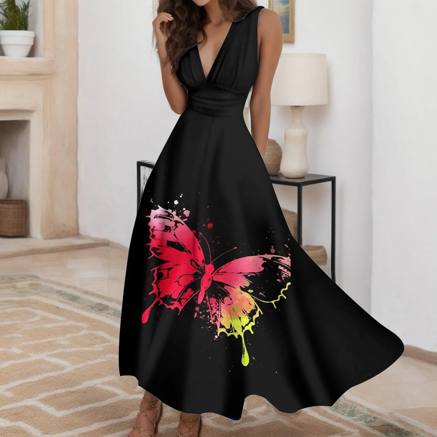 PTOLOCIF Women's Stripe Print Fashionable Casual Sleeveless Casual Pocket Print Dress Dresses Casual Fall