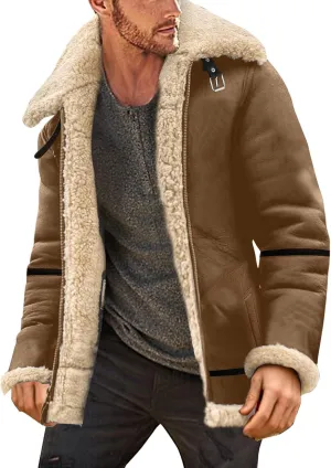 QWENTMTNTY Mens Vintage Sherpa Lined Faux Leather Jacket Heavyweight Plus Size Shearing Suede Coat Winter Bomber Jackets