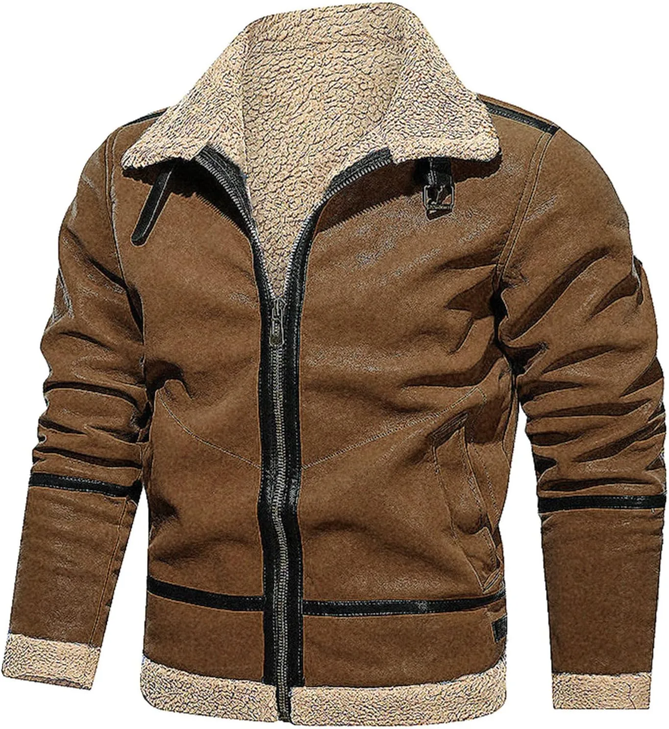 QWENTMTNTY Mens Vintage Sherpa Lined Faux Leather Jacket Heavyweight Plus Size Shearing Suede Coat Winter Bomber Jackets