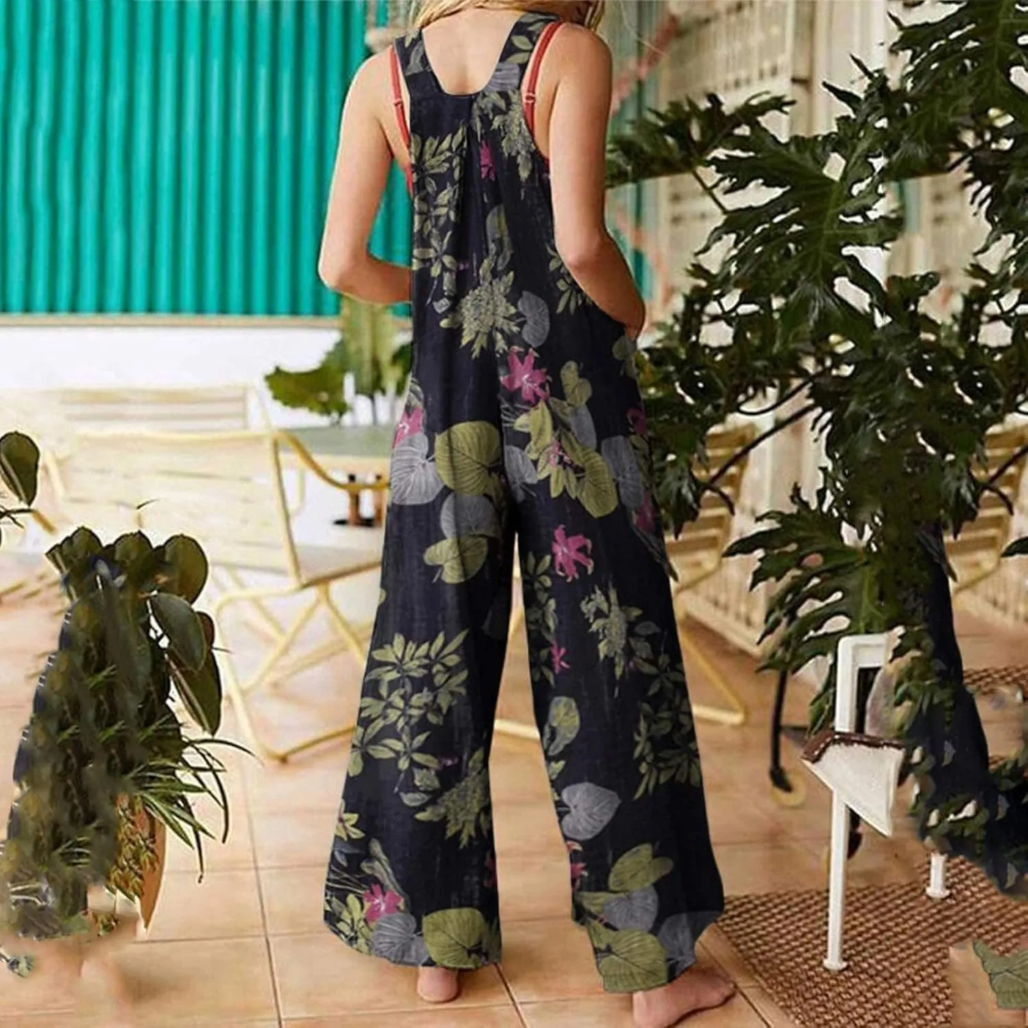 Rompers for Women 2025 Summer Floral Print Boho Overalls Loose fit Wide Leg Long Jumpsuits with Pockets
