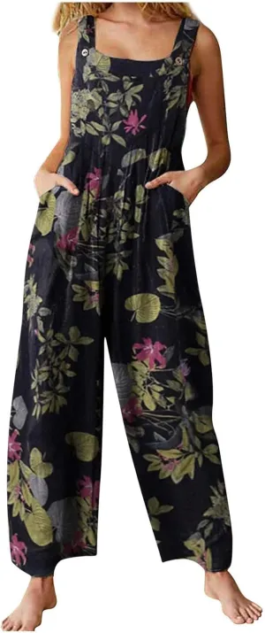 Rompers for Women 2025 Summer Floral Print Boho Overalls Loose fit Wide Leg Long Jumpsuits with Pockets