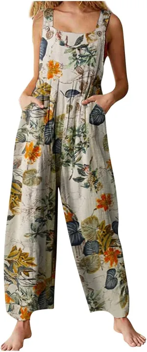 Rompers for Women 2025 Summer Floral Print Boho Overalls Loose fit Wide Leg Long Jumpsuits with Pockets