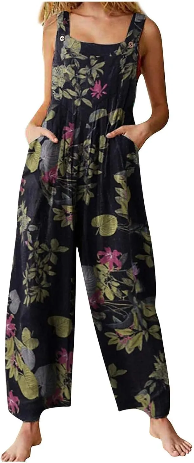 Rompers for Women 2025 Summer Floral Print Boho Overalls Loose fit Wide Leg Long Jumpsuits with Pockets