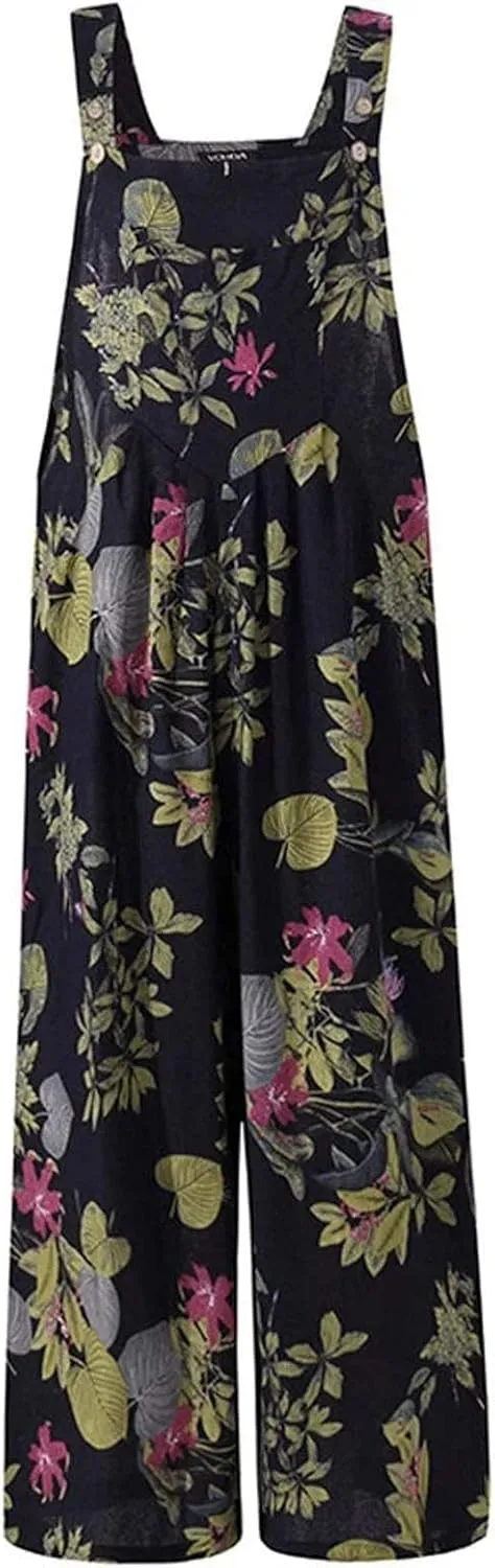 Rompers for Women 2025 Summer Floral Print Boho Overalls Loose fit Wide Leg Long Jumpsuits with Pockets