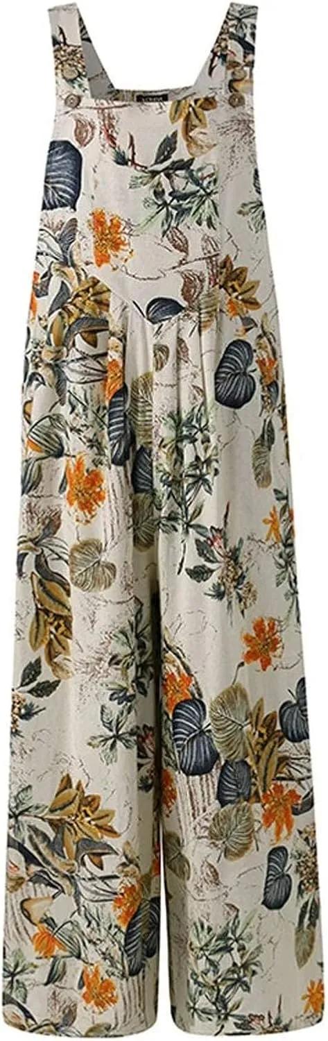 Rompers for Women 2025 Summer Floral Print Boho Overalls Loose fit Wide Leg Long Jumpsuits with Pockets