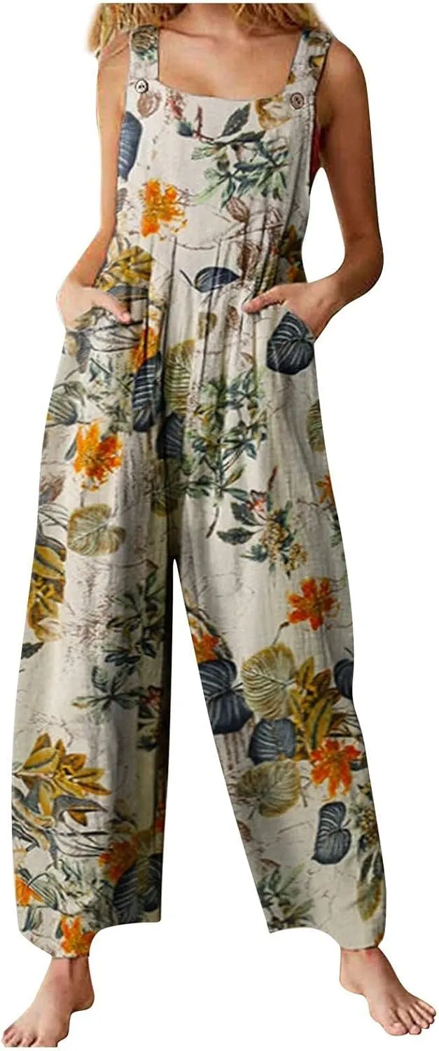 Rompers for Women 2025 Summer Floral Print Boho Overalls Loose fit Wide Leg Long Jumpsuits with Pockets