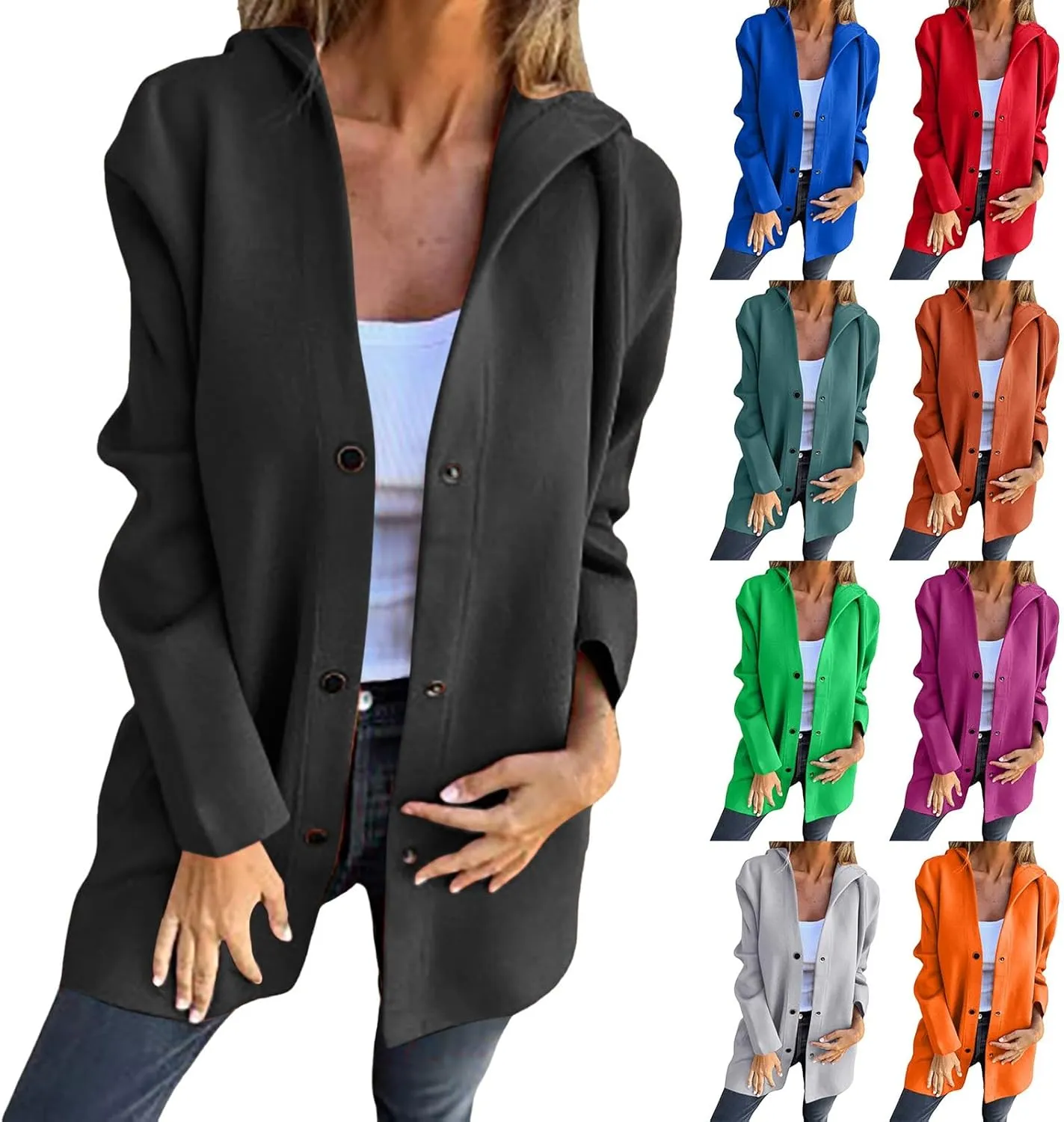 sdbrld Jackets for Women Trendy Fall Casual Single Breasted Hooded Clothes Plus Size Lapel Neck Long Sleeve Solid Trench Coat