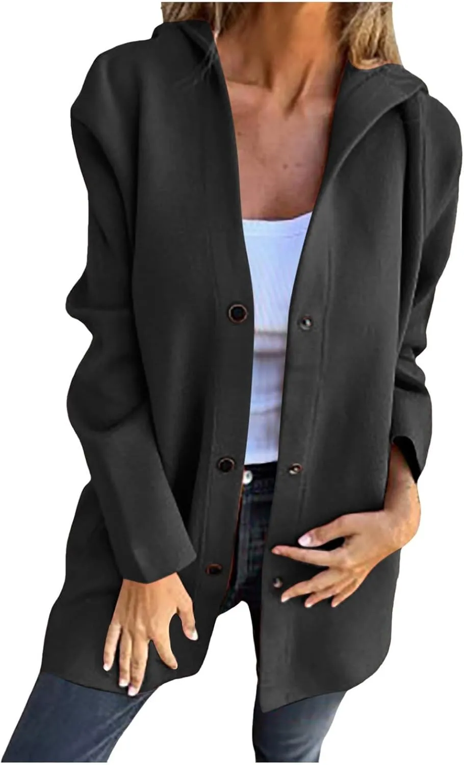 sdbrld Jackets for Women Trendy Fall Casual Single Breasted Hooded Clothes Plus Size Lapel Neck Long Sleeve Solid Trench Coat