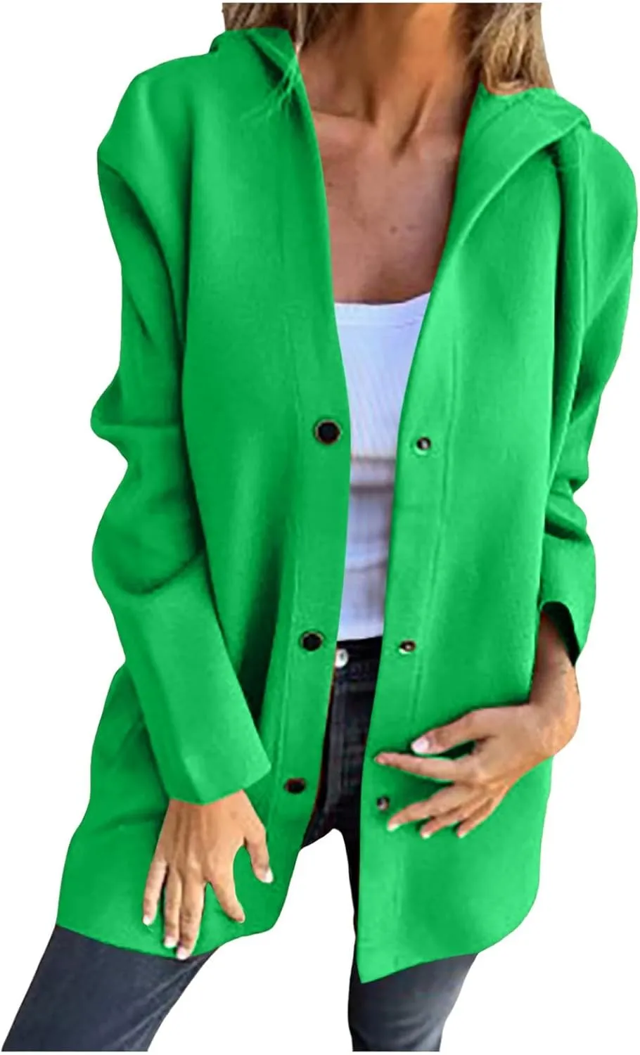 sdbrld Jackets for Women Trendy Fall Casual Single Breasted Hooded Clothes Plus Size Lapel Neck Long Sleeve Solid Trench Coat