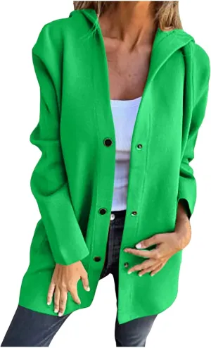 sdbrld Jackets for Women Trendy Fall Casual Single Breasted Hooded Clothes Plus Size Lapel Neck Long Sleeve Solid Trench Coat