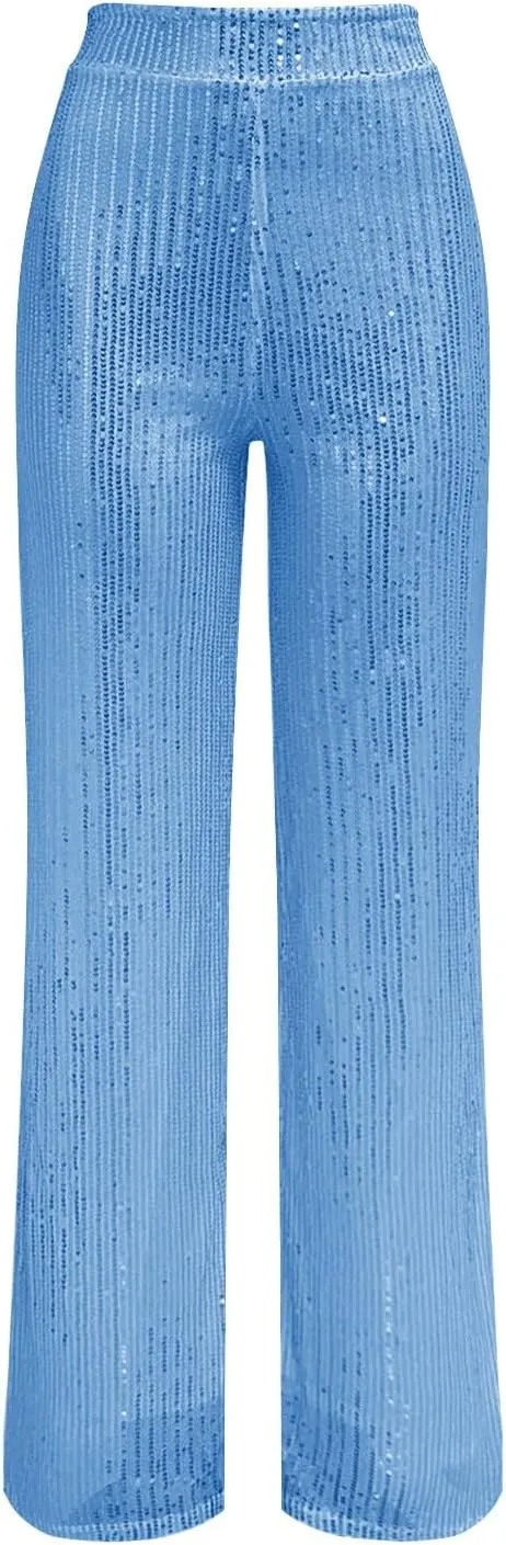 Sequin Pants Women 2024 Fashion High Waisted Sparkly Glitter Wide Leg Pants Casual Plus Size Loose Comfy Trousers