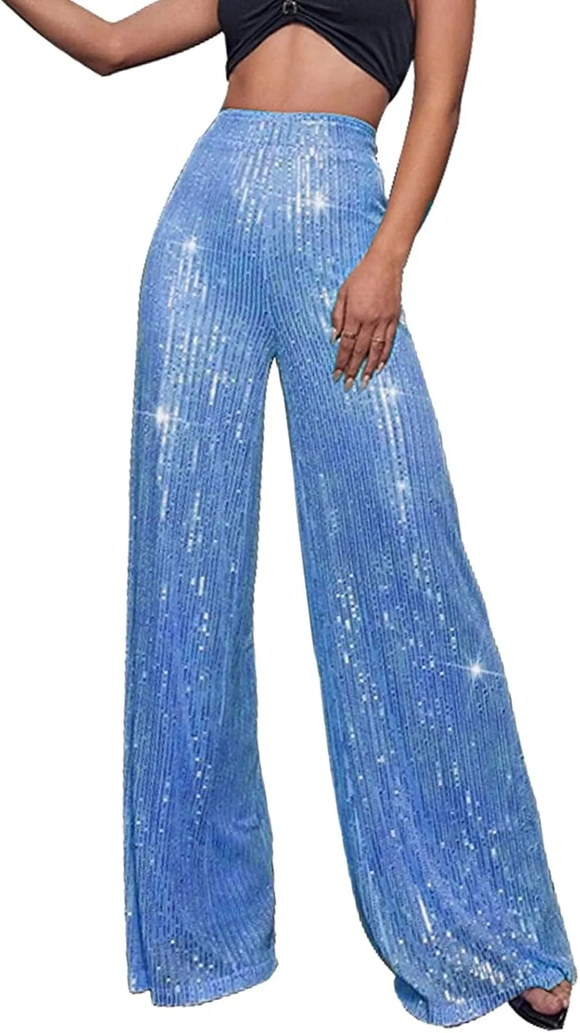 Sequin Pants Women 2024 Fashion High Waisted Sparkly Glitter Wide Leg Pants Casual Plus Size Loose Comfy Trousers