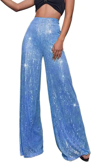 Sequin Pants Women 2024 Fashion High Waisted Sparkly Glitter Wide Leg Pants Casual Plus Size Loose Comfy Trousers