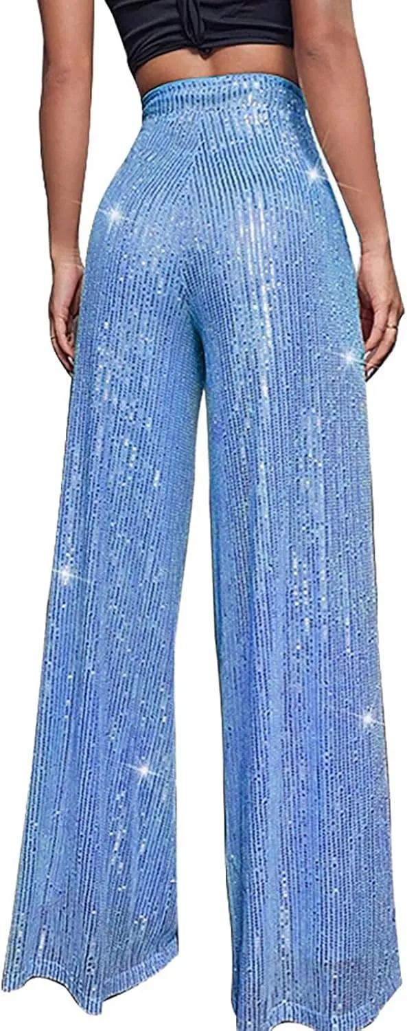 Sequin Pants Women 2024 Fashion High Waisted Sparkly Glitter Wide Leg Pants Casual Plus Size Loose Comfy Trousers