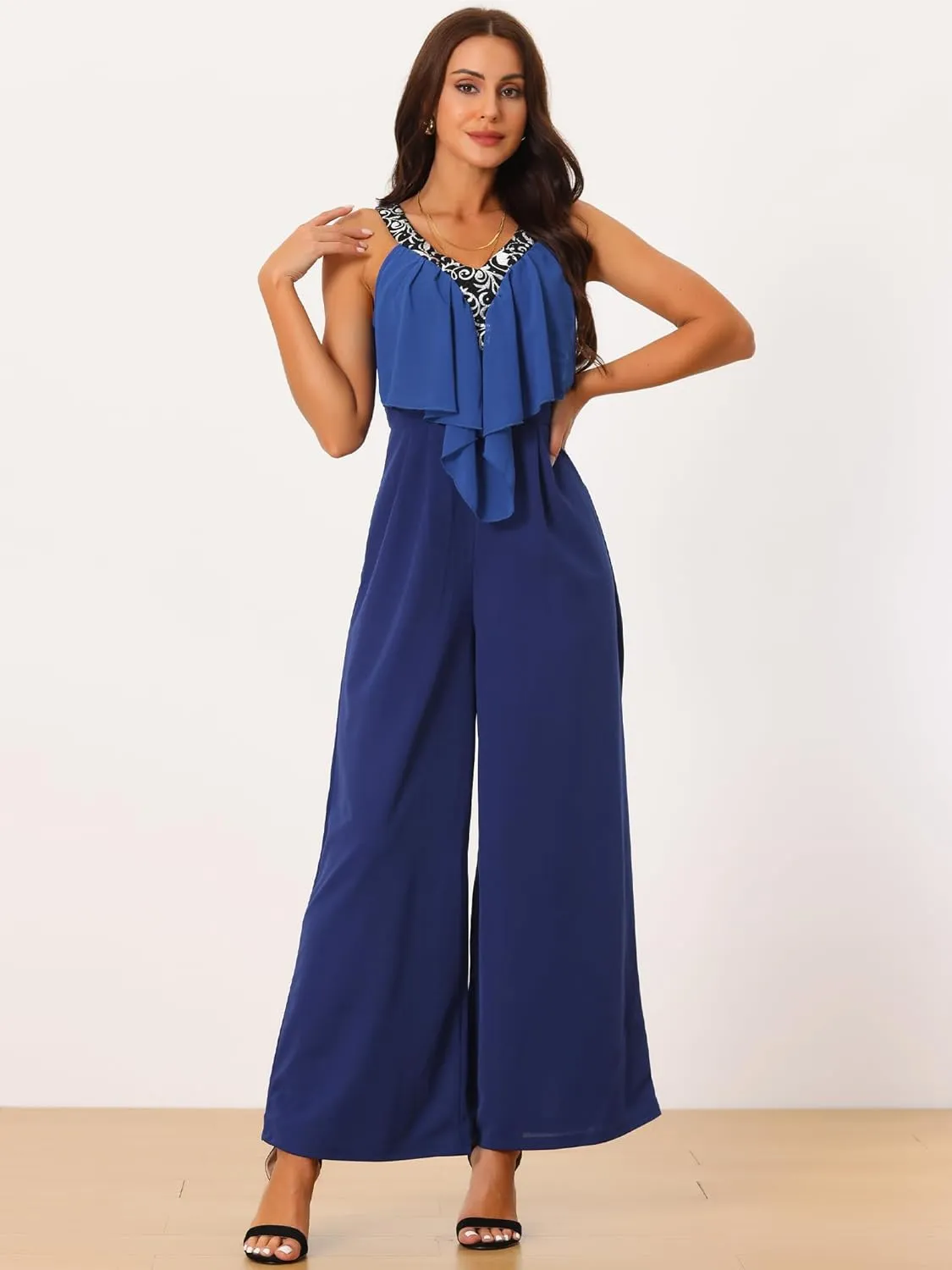 Seta T Women's Sleeveless Jumpsuits Summer Stretchy V Neck Wide Leg Long Pants Ruffle Romper Jumpsuit