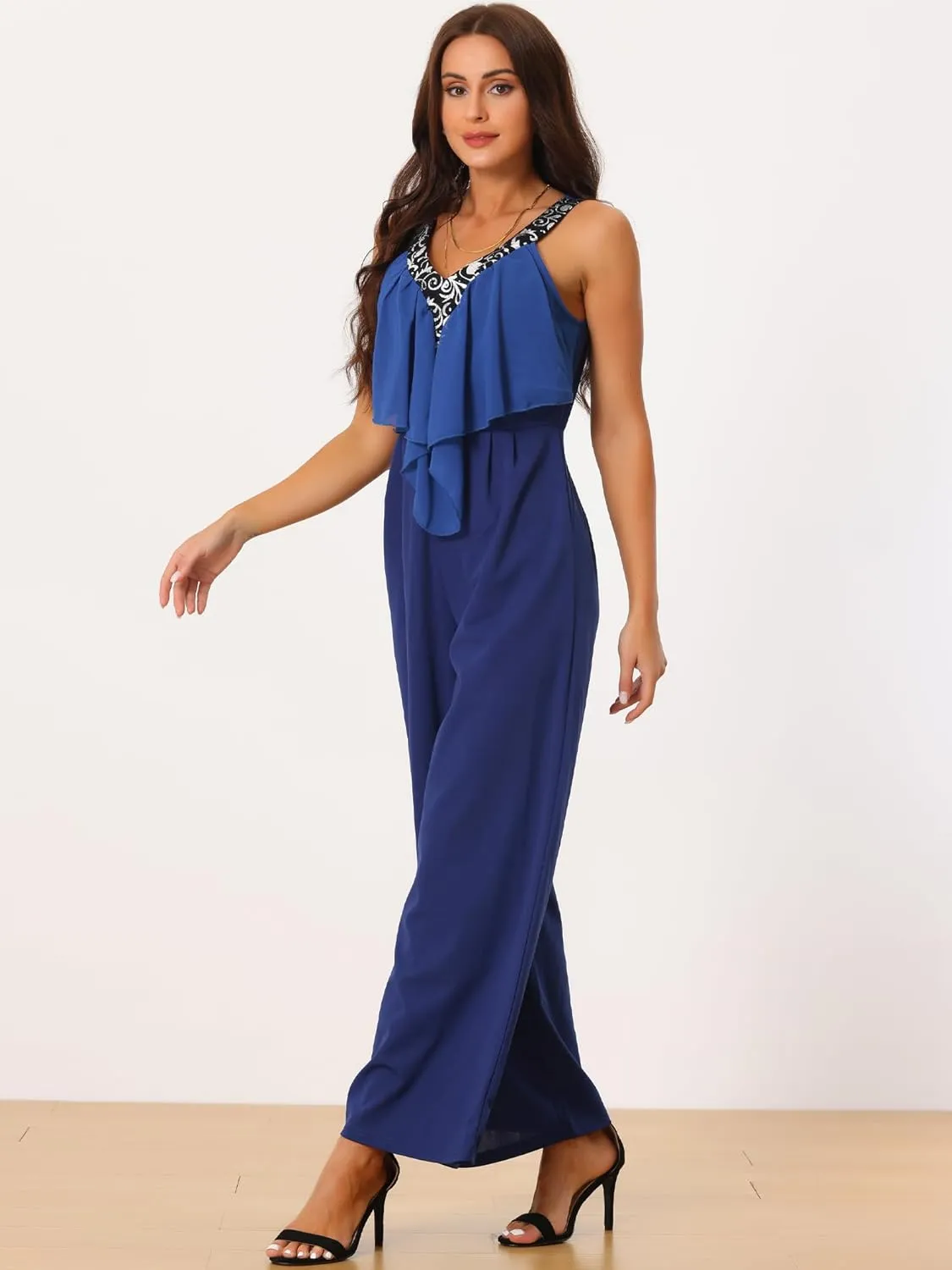Seta T Women's Sleeveless Jumpsuits Summer Stretchy V Neck Wide Leg Long Pants Ruffle Romper Jumpsuit