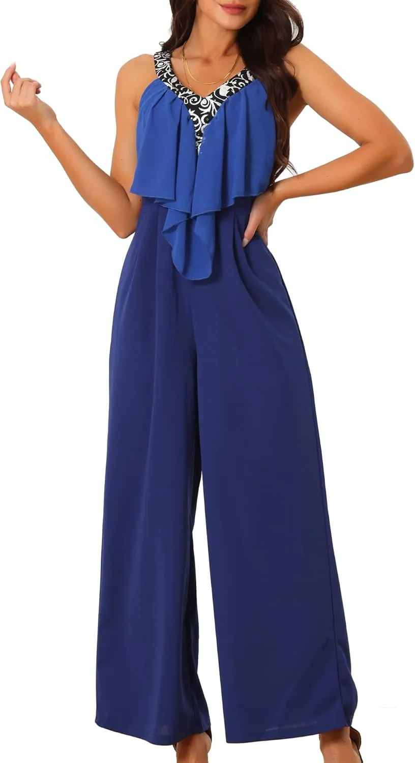 Seta T Women's Sleeveless Jumpsuits Summer Stretchy V Neck Wide Leg Long Pants Ruffle Romper Jumpsuit