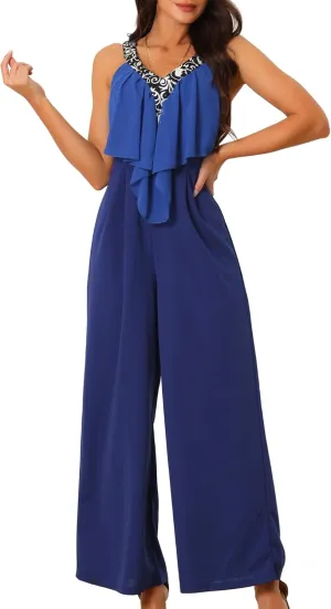 Seta T Women's Sleeveless Jumpsuits Summer Stretchy V Neck Wide Leg Long Pants Ruffle Romper Jumpsuit