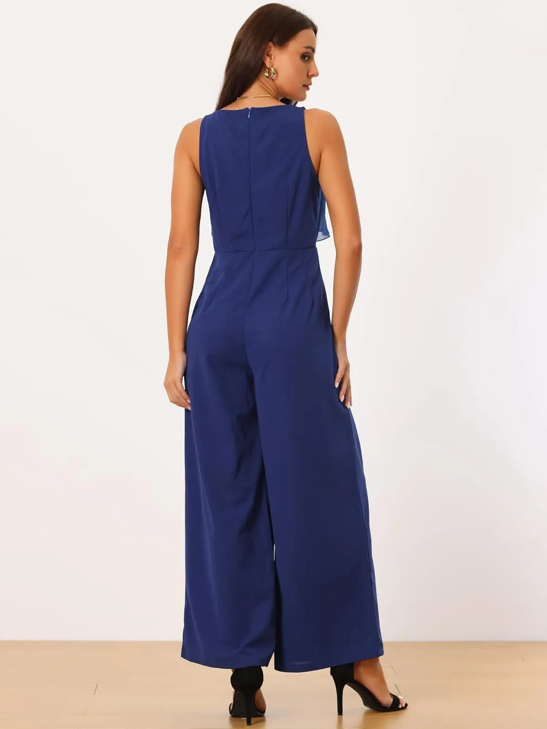 Seta T Women's Sleeveless Jumpsuits Summer Stretchy V Neck Wide Leg Long Pants Ruffle Romper Jumpsuit