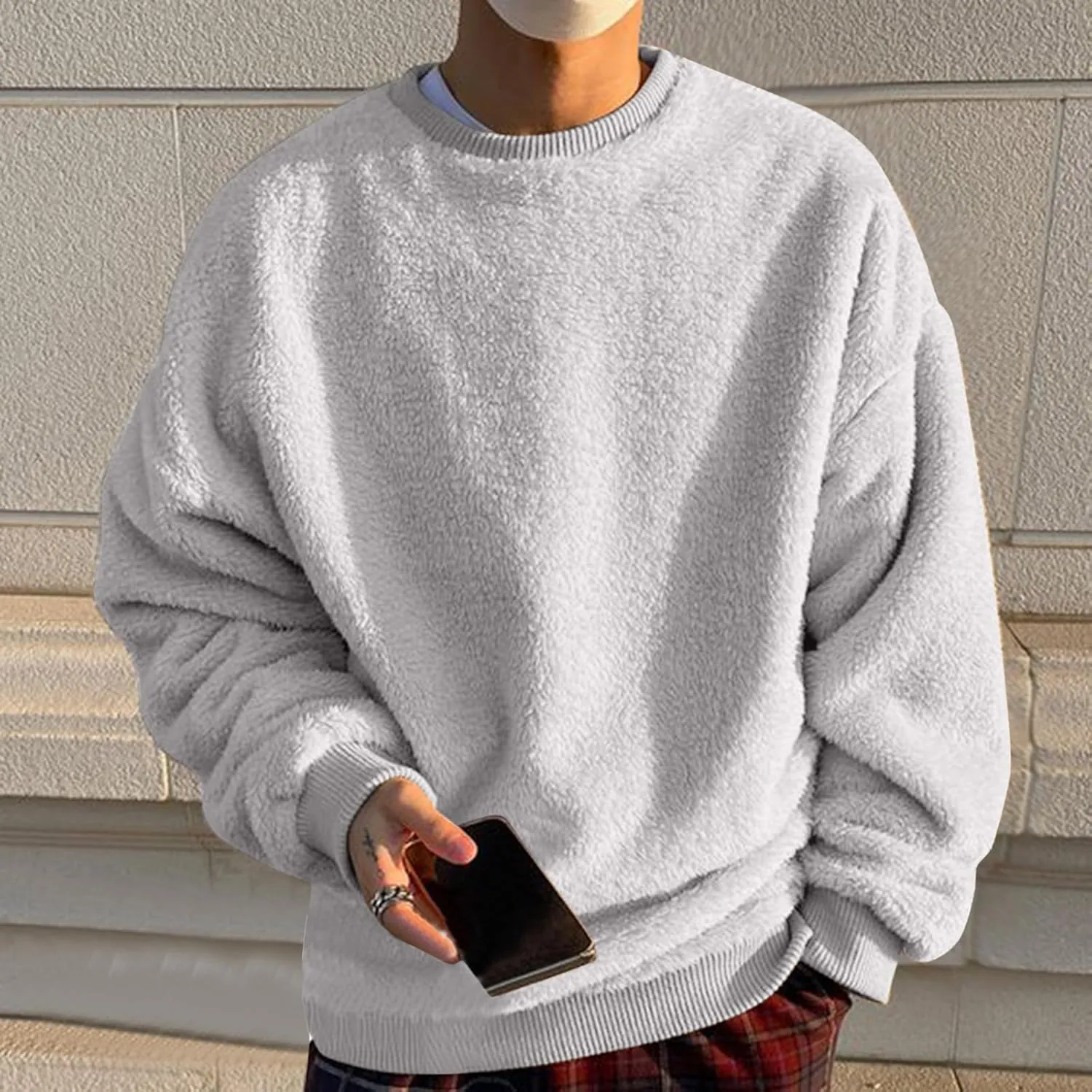 Sweatshirts for Men Long Sleeve Crew Neck Solid Color Casual Basic Warmth Pullover Soft Fall Winter Fleece Trendy Sweater Top