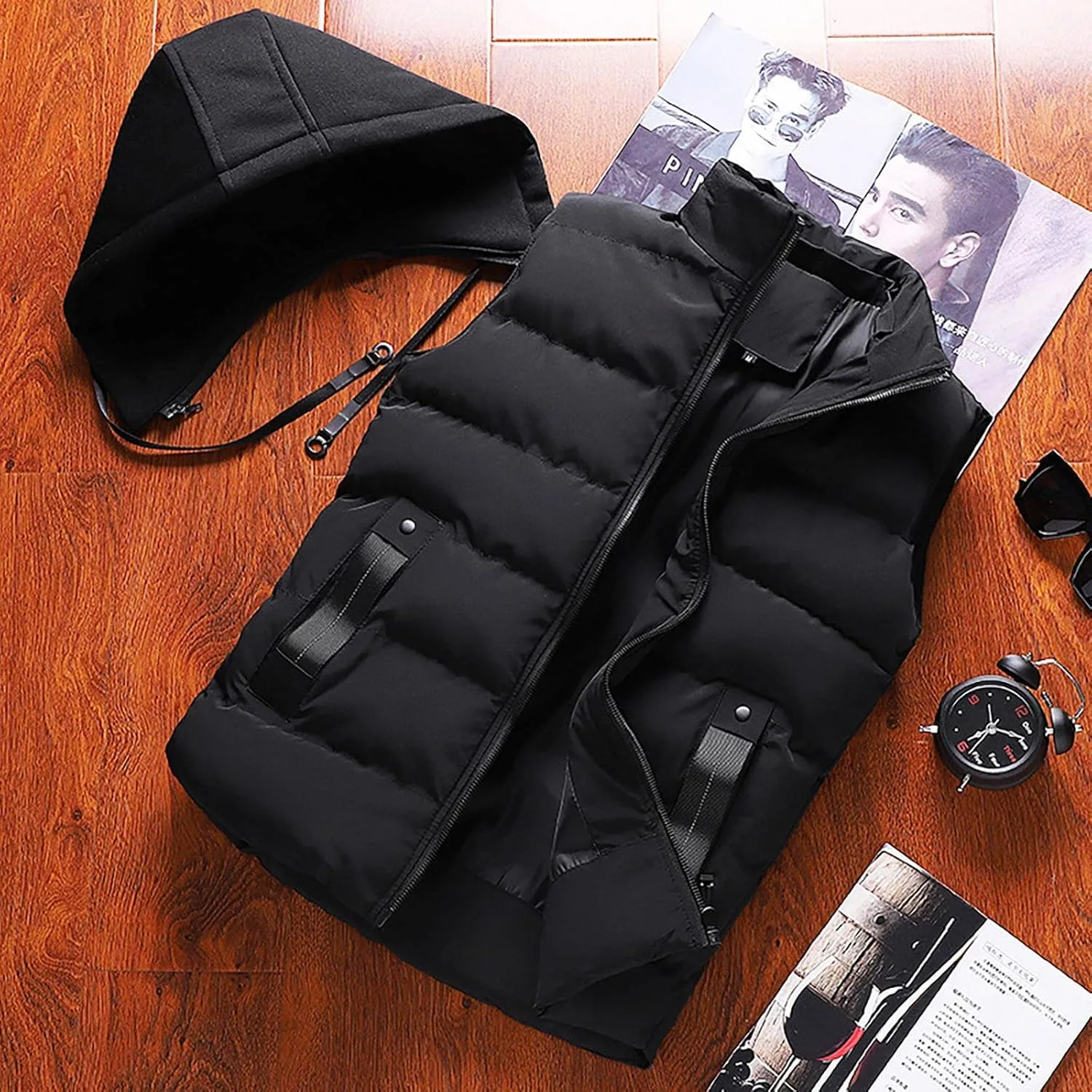 WENKOMG1 Men's Double zipper Vest Hoodie, Fall Winter Solid Color Coat Warm Thick Waistcoat Sleeveless Loose Jacket