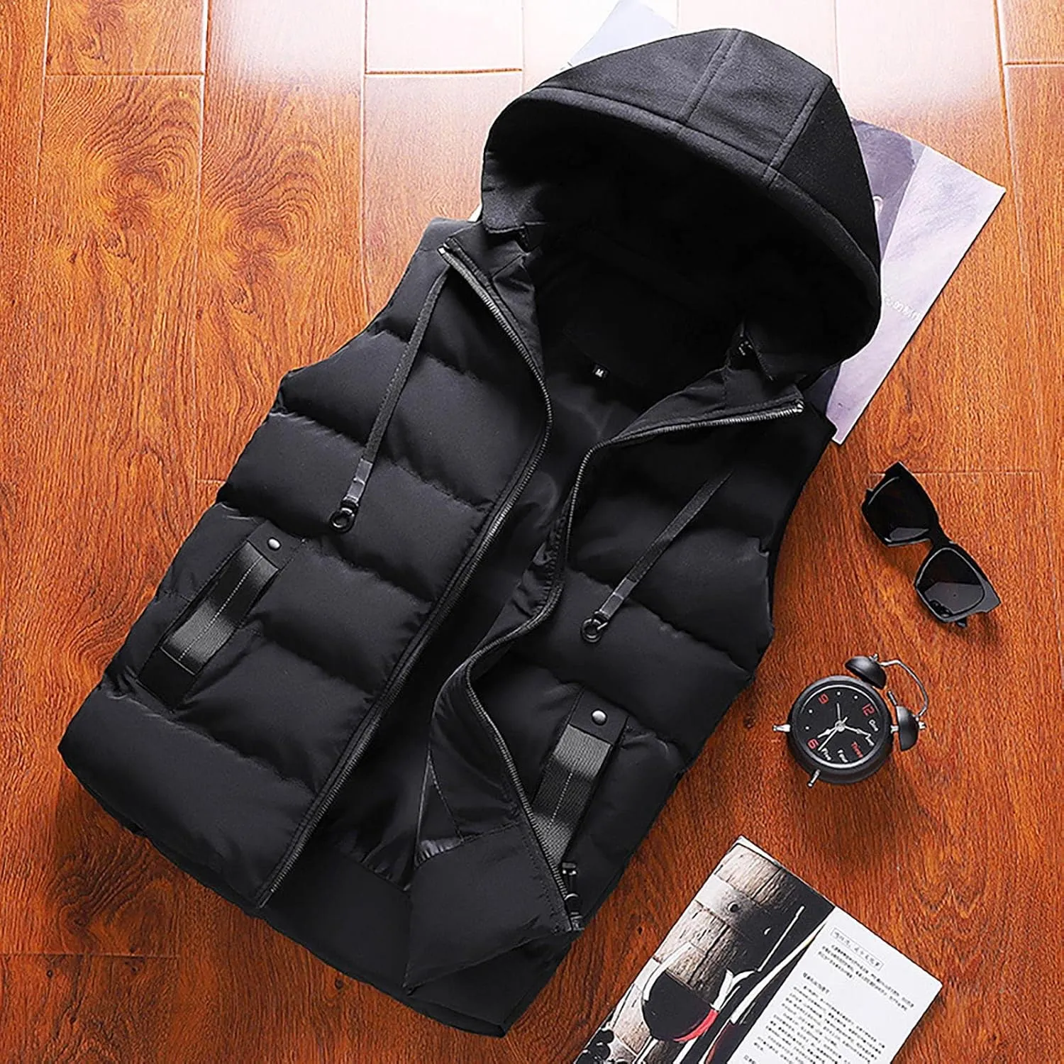 WENKOMG1 Men's Double zipper Vest Hoodie, Fall Winter Solid Color Coat Warm Thick Waistcoat Sleeveless Loose Jacket