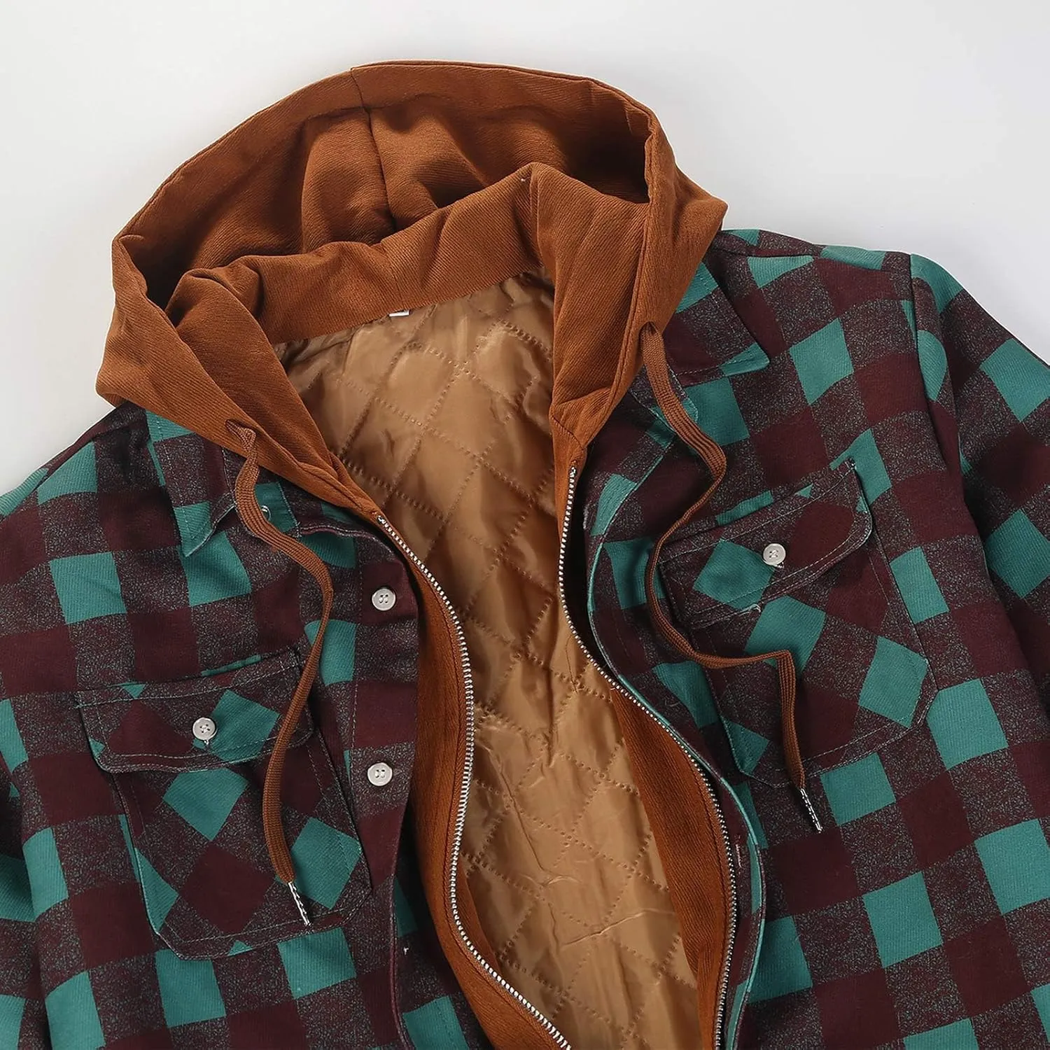 WENKOMG1 Mens Quilted Lined Jacket,Casual Warm Plaid Flannel Shirt Hooded Velvet Button Down Shirt Winter Fall Outerwear