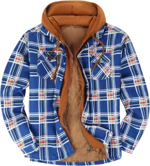 WENKOMG1 Mens Quilted Lined Jacket,Casual Warm Plaid Flannel Shirt Hooded Velvet Button Down Shirt Winter Fall Outerwear