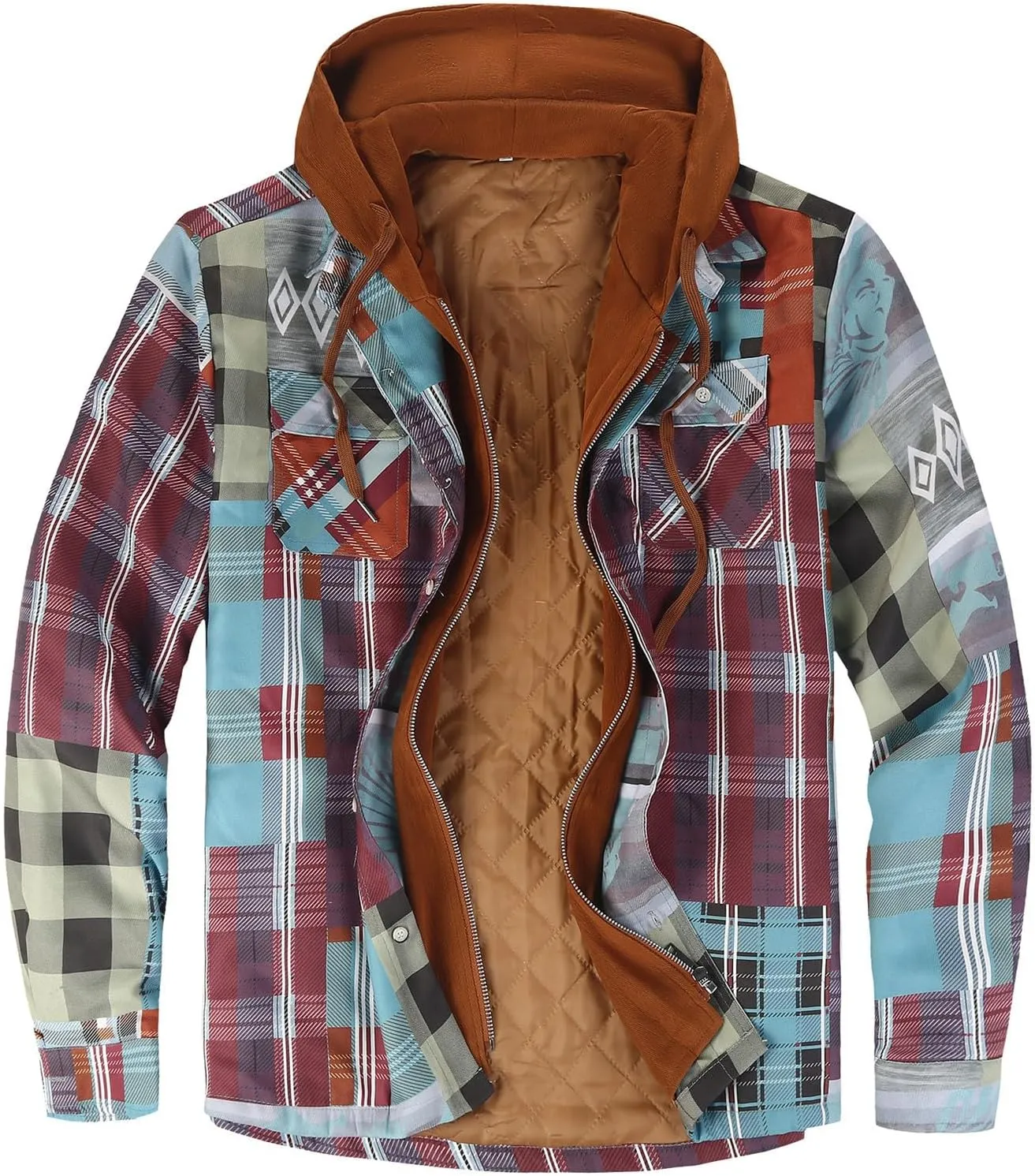 WENKOMG1 Mens Quilted Lined Jacket,Casual Warm Plaid Flannel Shirt Hooded Velvet Button Down Shirt Winter Fall Outerwear