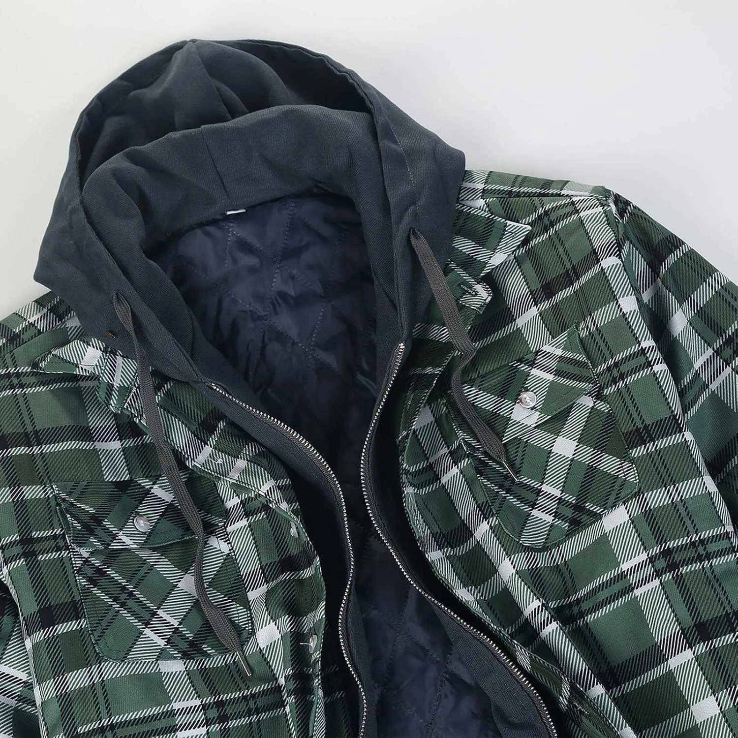 WENKOMG1 Mens Quilted Lined Jacket,Casual Warm Plaid Flannel Shirt Hooded Velvet Button Down Shirt Winter Fall Outerwear