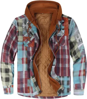 WENKOMG1 Mens Quilted Lined Jacket,Casual Warm Plaid Flannel Shirt Hooded Velvet Button Down Shirt Winter Fall Outerwear
