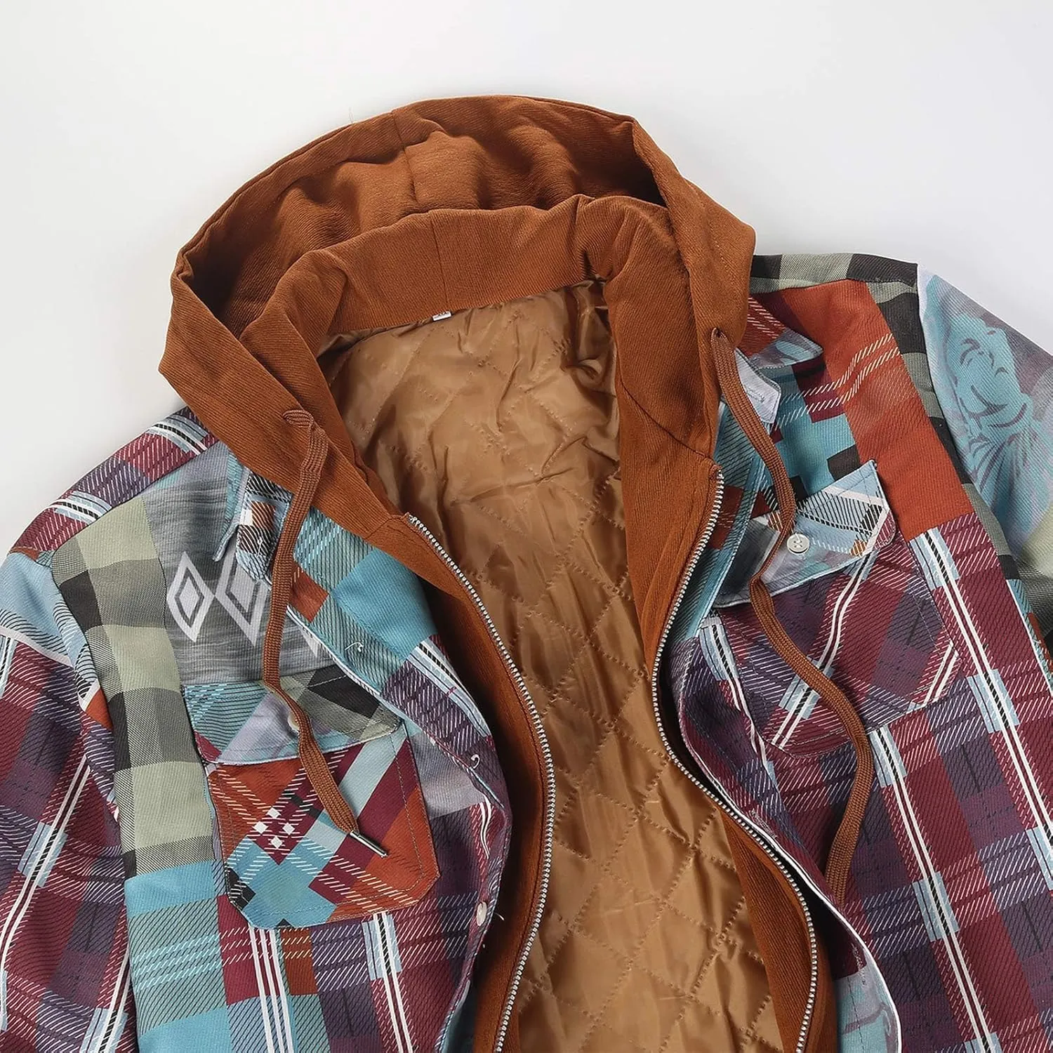 WENKOMG1 Mens Quilted Lined Jacket,Casual Warm Plaid Flannel Shirt Hooded Velvet Button Down Shirt Winter Fall Outerwear