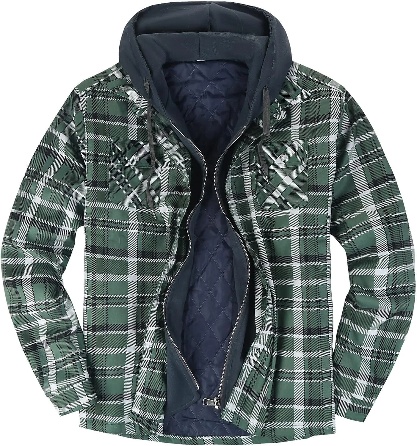WENKOMG1 Mens Quilted Lined Jacket,Casual Warm Plaid Flannel Shirt Hooded Velvet Button Down Shirt Winter Fall Outerwear