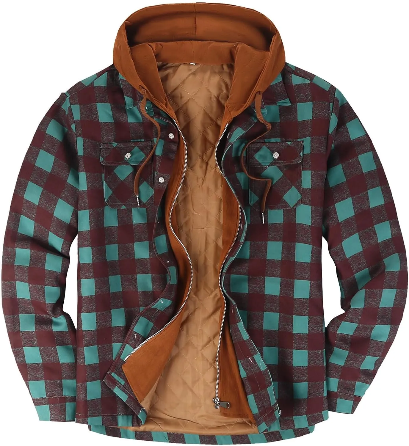 WENKOMG1 Mens Quilted Lined Jacket,Casual Warm Plaid Flannel Shirt Hooded Velvet Button Down Shirt Winter Fall Outerwear