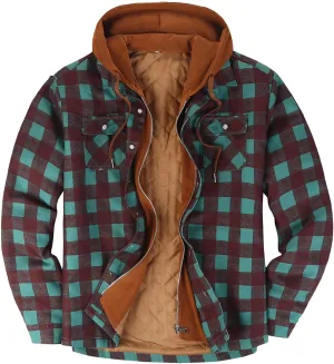 WENKOMG1 Mens Quilted Lined Jacket,Casual Warm Plaid Flannel Shirt Hooded Velvet Button Down Shirt Winter Fall Outerwear