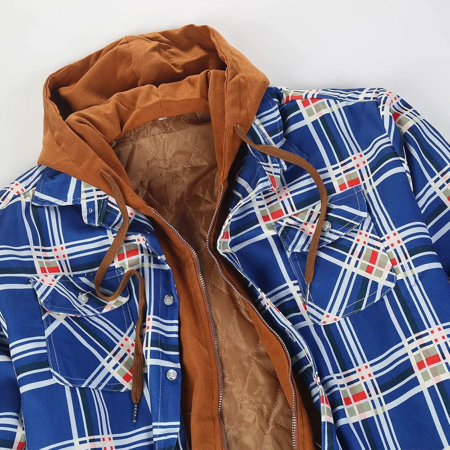 WENKOMG1 Mens Quilted Lined Jacket,Casual Warm Plaid Flannel Shirt Hooded Velvet Button Down Shirt Winter Fall Outerwear