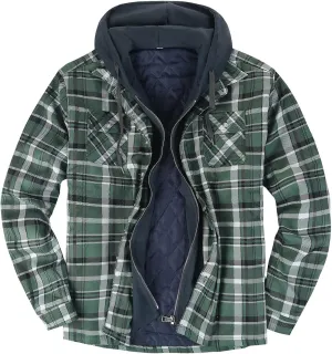 WENKOMG1 Mens Quilted Lined Jacket,Casual Warm Plaid Flannel Shirt Hooded Velvet Button Down Shirt Winter Fall Outerwear
