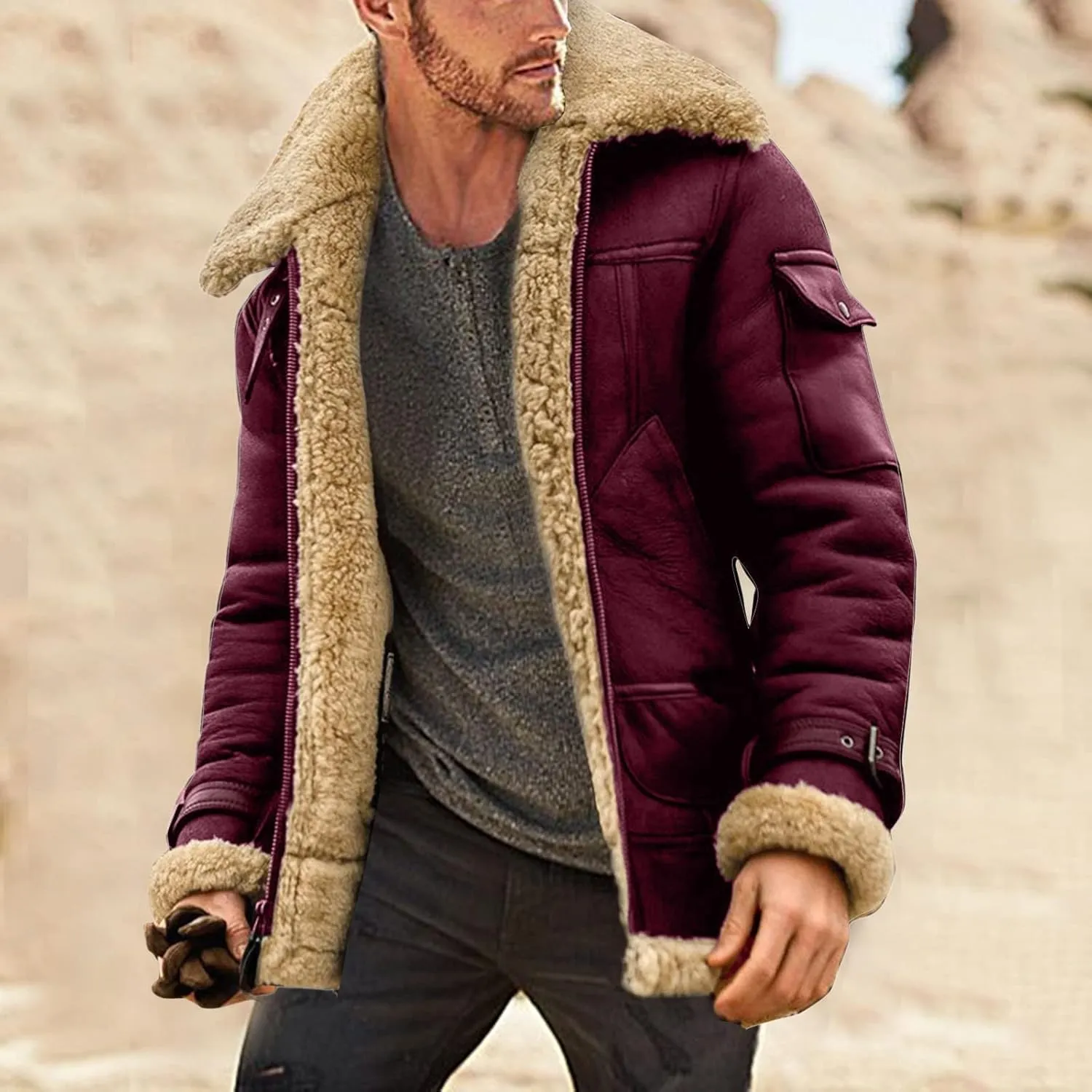WENKOMG1 Mens Sherpa Lined Jacket,Cozy Warm Winter Fall Thick Quilted Zip Up Outerwear Faux Suede Composite Coat