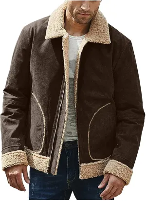 WENKOMG1 Mens Sherpa Lined Jacket,Cozy Warm Winter Fall Thick Quilted Zip Up Outerwear Faux Suede Composite Coat