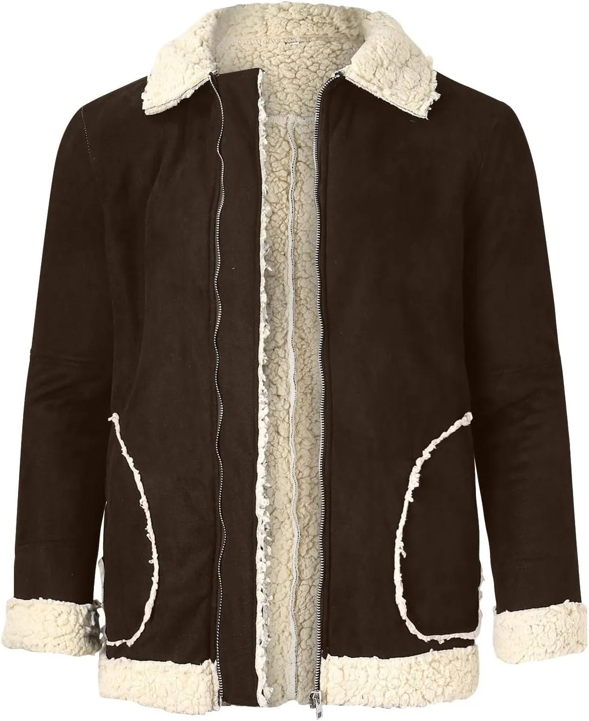 WENKOMG1 Mens Sherpa Lined Jacket,Cozy Warm Winter Fall Thick Quilted Zip Up Outerwear Faux Suede Composite Coat