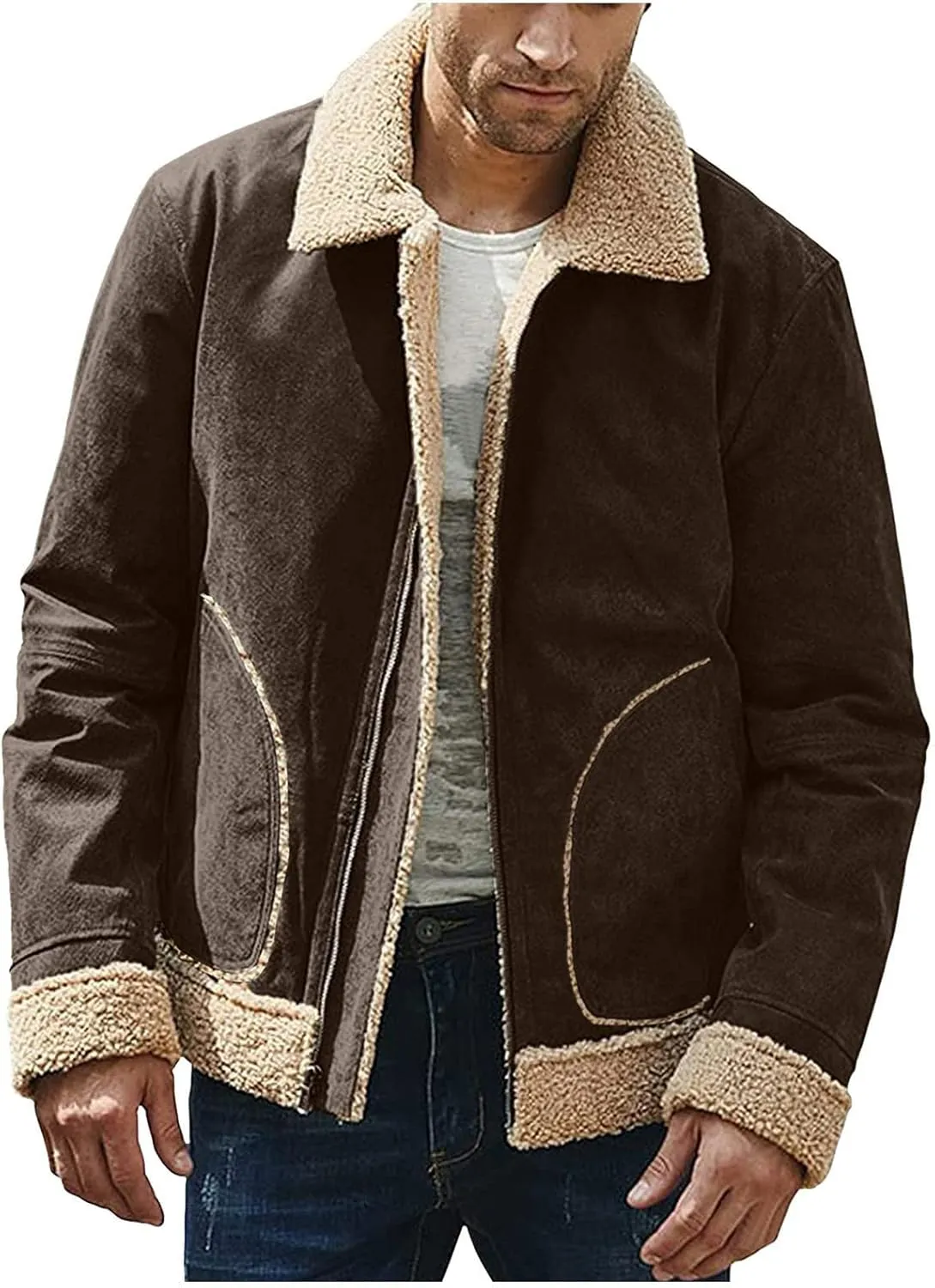 WENKOMG1 Mens Sherpa Lined Jacket,Cozy Warm Winter Fall Thick Quilted Zip Up Outerwear Faux Suede Composite Coat