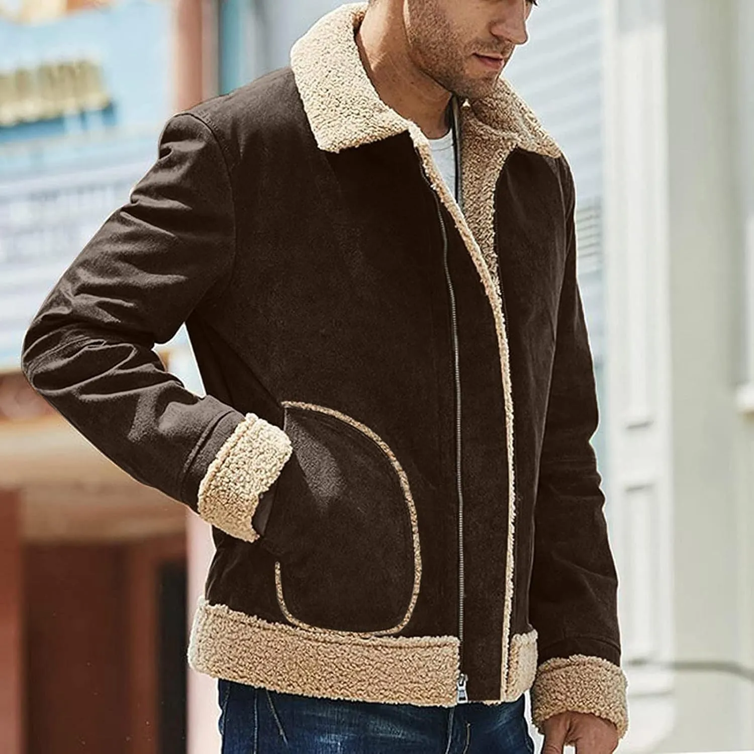 WENKOMG1 Mens Sherpa Lined Jacket,Cozy Warm Winter Fall Thick Quilted Zip Up Outerwear Faux Suede Composite Coat
