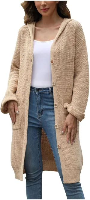 Women 2024 Open Front Hooded Cardigans Long Sleeve Knit Maxi Sweater Cardigan Long Outwear Hoodie Coat with Pockets