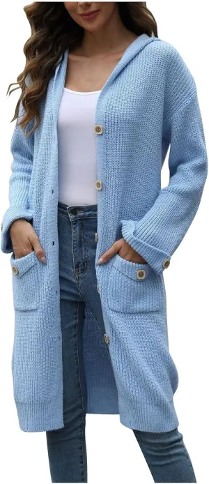 Women 2024 Open Front Hooded Cardigans Long Sleeve Knit Maxi Sweater Cardigan Long Outwear Hoodie Coat with Pockets