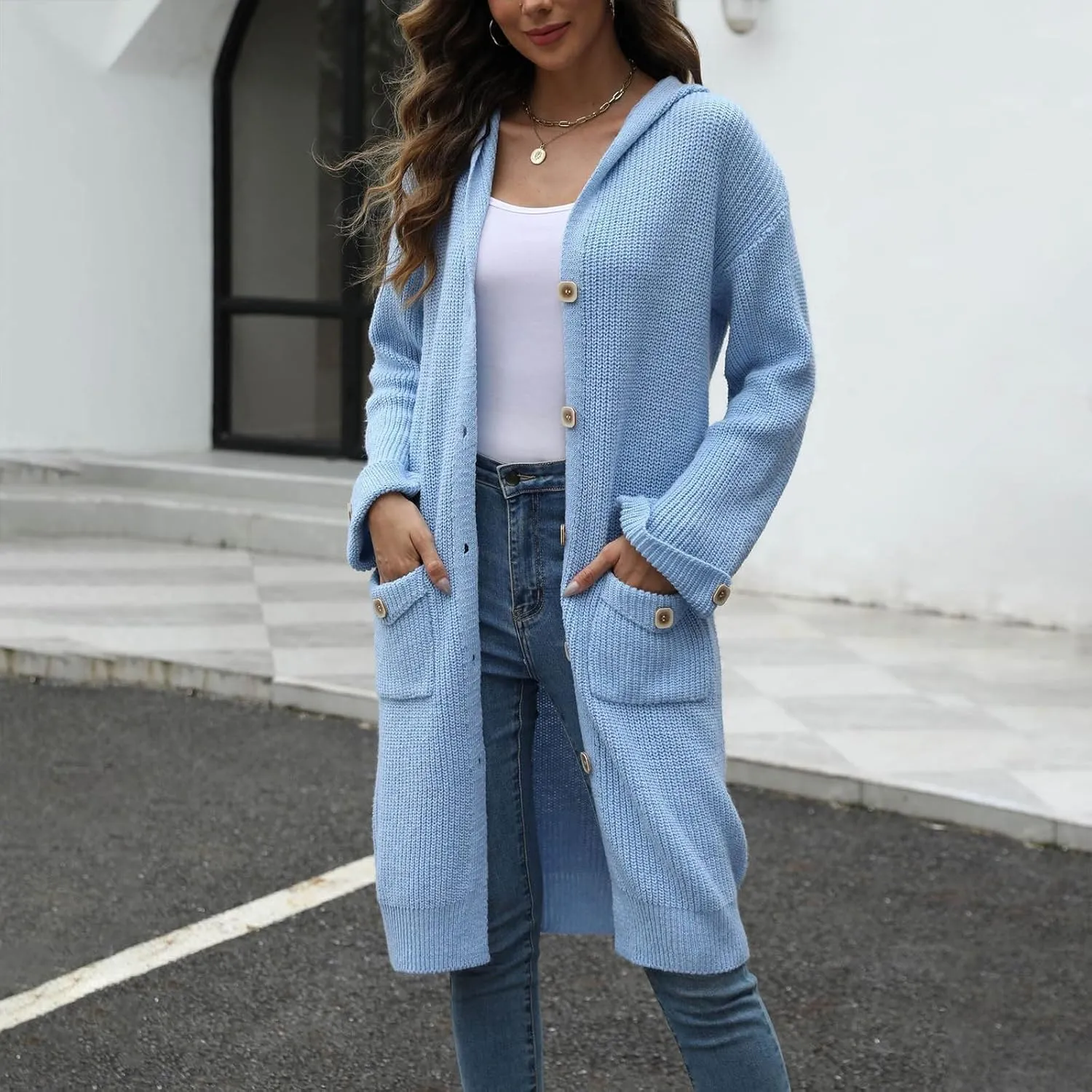 Women 2024 Open Front Hooded Cardigans Long Sleeve Knit Maxi Sweater Cardigan Long Outwear Hoodie Coat with Pockets