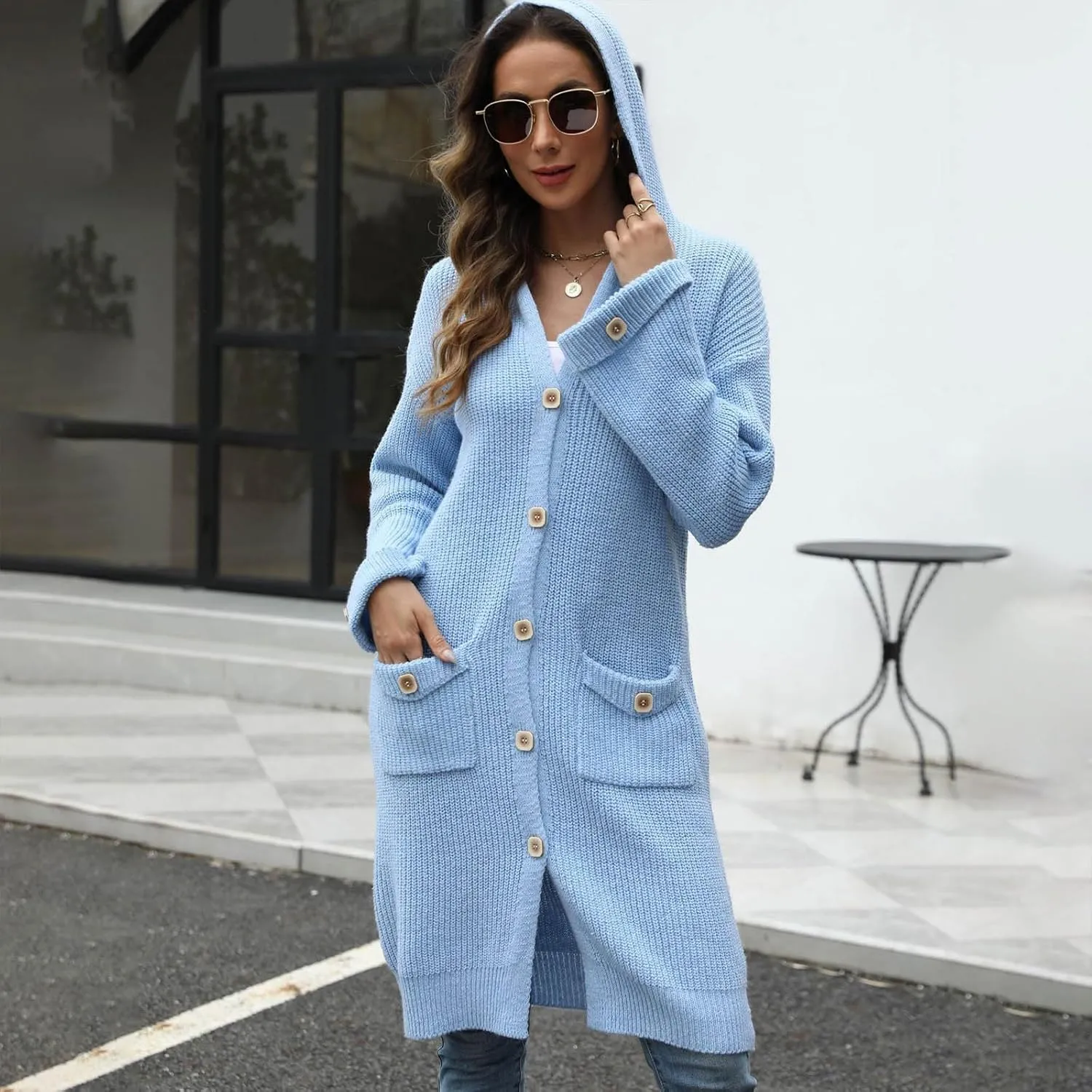 Women 2024 Open Front Hooded Cardigans Long Sleeve Knit Maxi Sweater Cardigan Long Outwear Hoodie Coat with Pockets