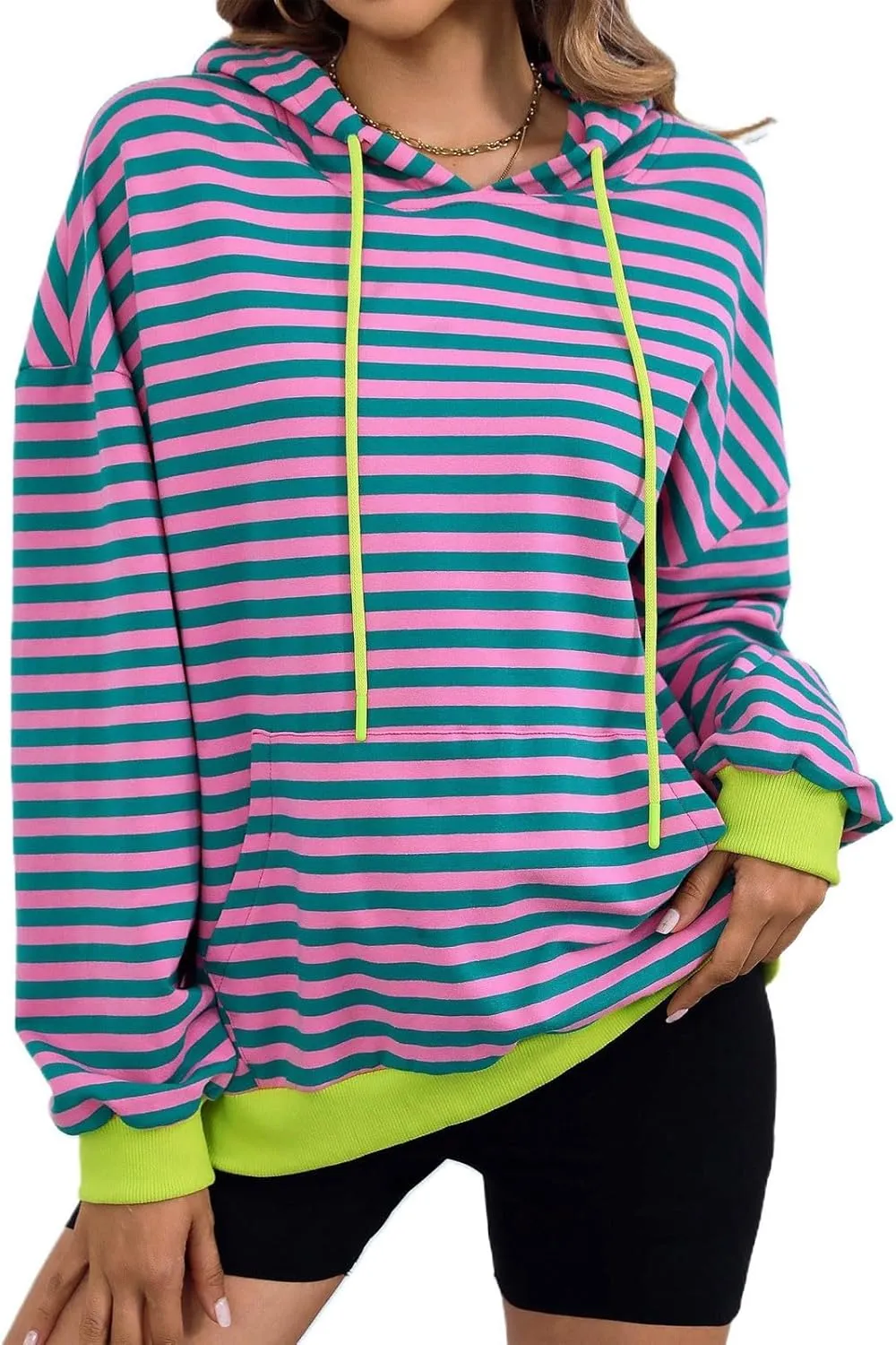 Women 2024 Striped Hoodies Sweatshirt Drawstring Cute Pullover Sweatshirts Long Sleeve Shirts Tops Trendy Fall Clothes