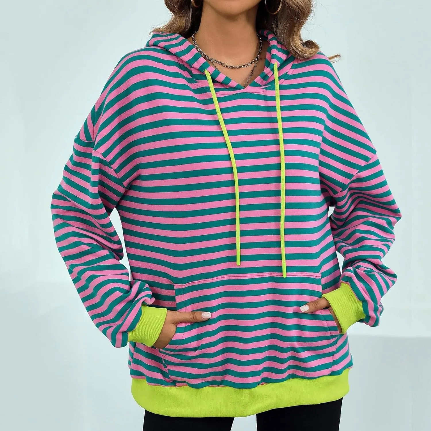 Women 2024 Striped Hoodies Sweatshirt Drawstring Cute Pullover Sweatshirts Long Sleeve Shirts Tops Trendy Fall Clothes